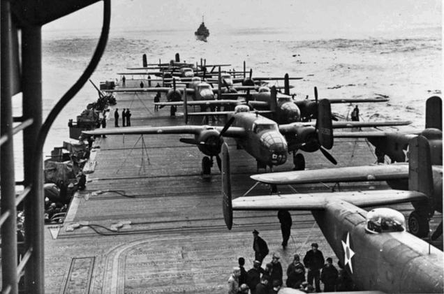 North American B-25B Mitchells tied down to the flight deck of USS Hornet as the carrier steamed towards Japan (US Navy)